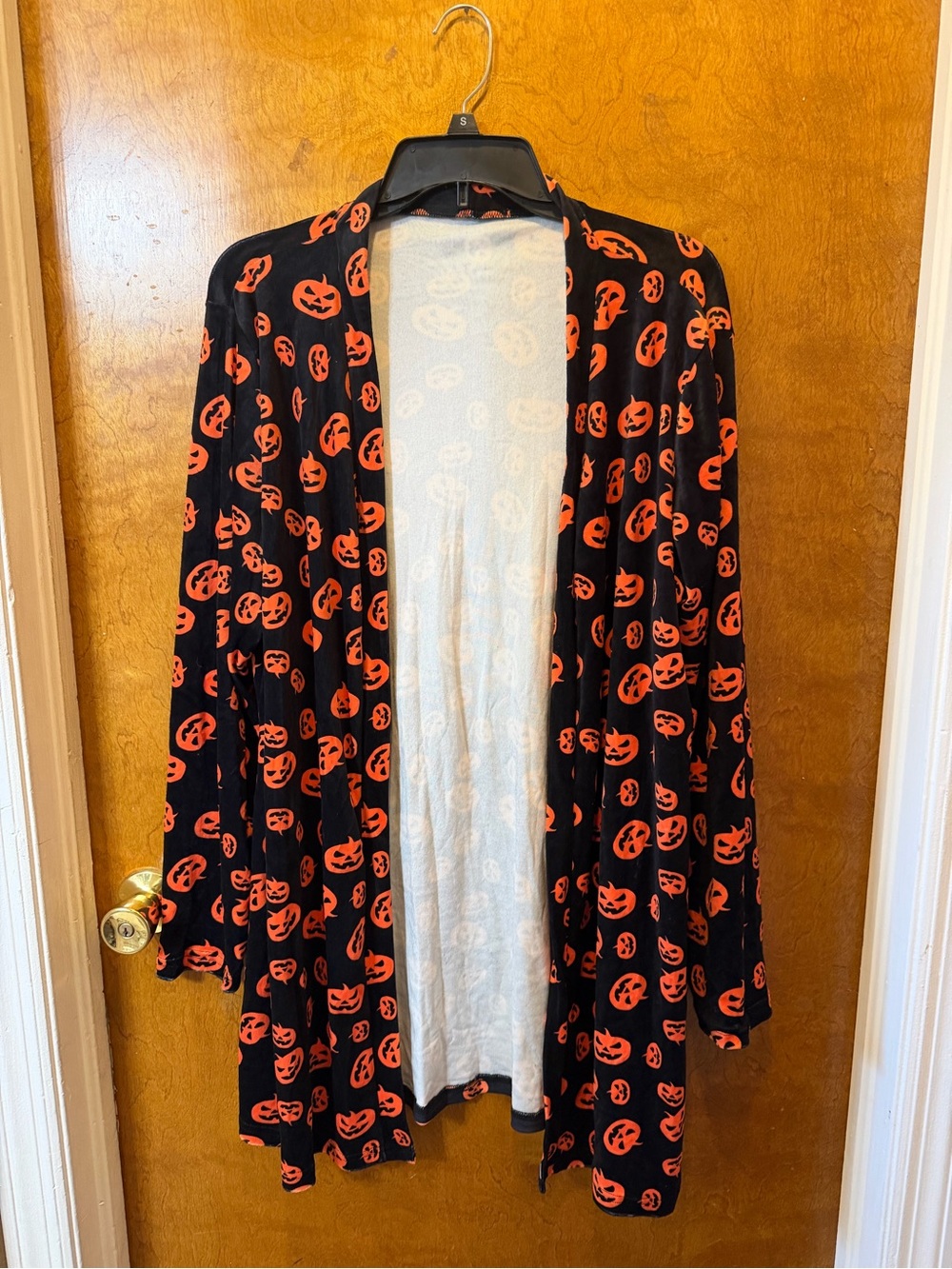 Women’s Black Orange Pumpkin Halloween Knit Open Front velour Cardigan XL